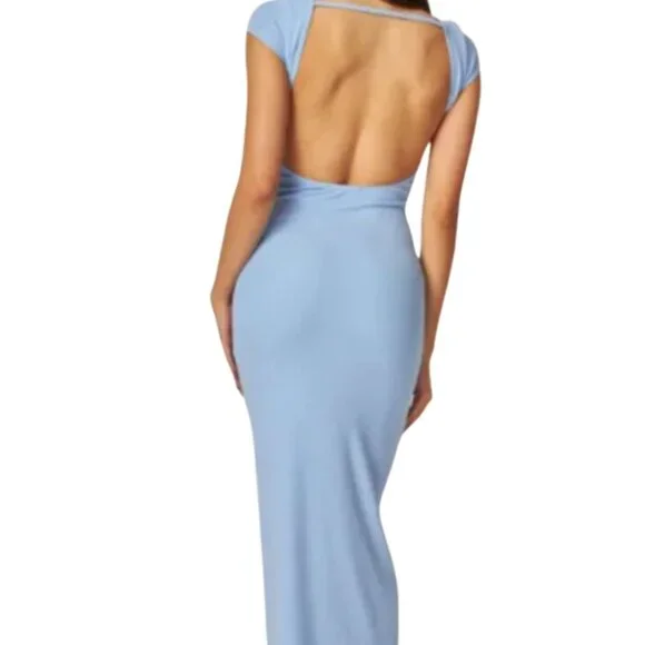 Women’s Ribbed Knit Open Back Maxi Dress – Elegant‎ Powder Blue - Picture 2 of 3